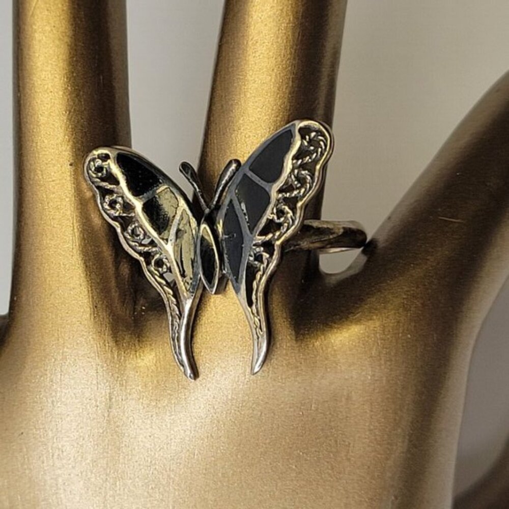Silver Butterfly Ring 925 Sterling Silver and Onyx Butterfly- Size 8.5